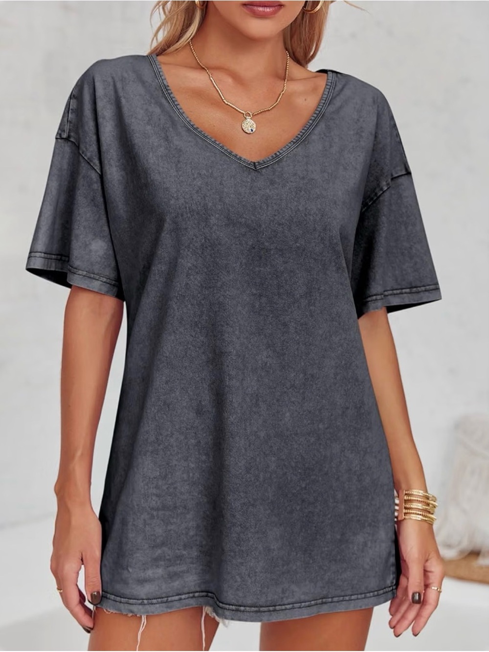 Washed Charcoal V-Neck Oversized Women's Top - Picture 3 of 8